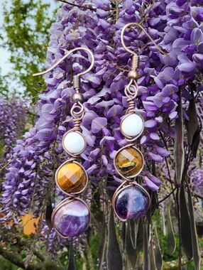 Tigers Eye & Amethyst Copper Earrings